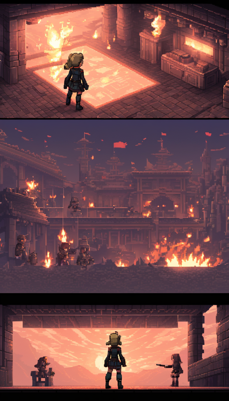 pixel-art Cinematic scene, hero view, Tanya Degurechaff, Youjo Senki <lora:tanya_degurechaff_xl_v6:1>, action pose, detailed background, masterpiece, best quality, high quality, highres, absurdres . low-res, blocky, pixel art style, 8-bit graphics