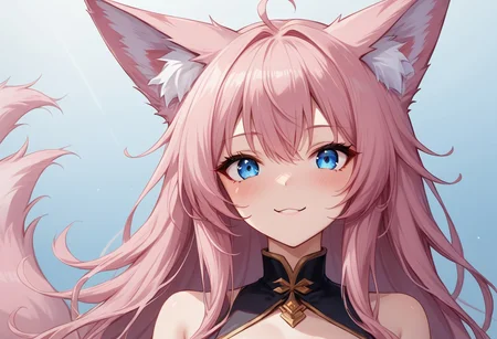 (masterpiece), (best quality), source_anime+, perfect anatomy, HD, 10k res, digital_media_(artwork) hi_res, intricate, high quality, amazing quality, Expressive Face, 
A fox girl with long pink hair and blue eyes, Drestoria-Style_V1, semi-realism, nose, Zyrnox-Exoterra Style
