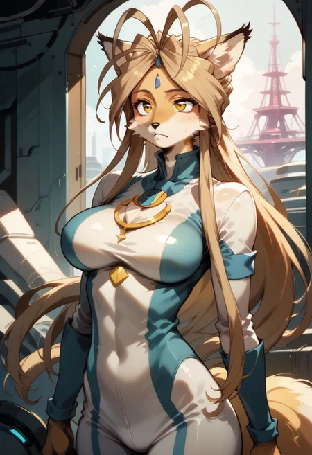 Expressiveh, negative_hand, score_9, score_8_up, score_7_up, belldandy as an (anthro fox),long oval face, short snout, two toned fur, large fox ears, fox tail, animal nose, yellow fur, white facial fur, tan hair, long hair, parted bangs, gold eyes, white triangle forehead gem, large breasts, skintight bodysuit, futuristic bodysuit, standing at attention,