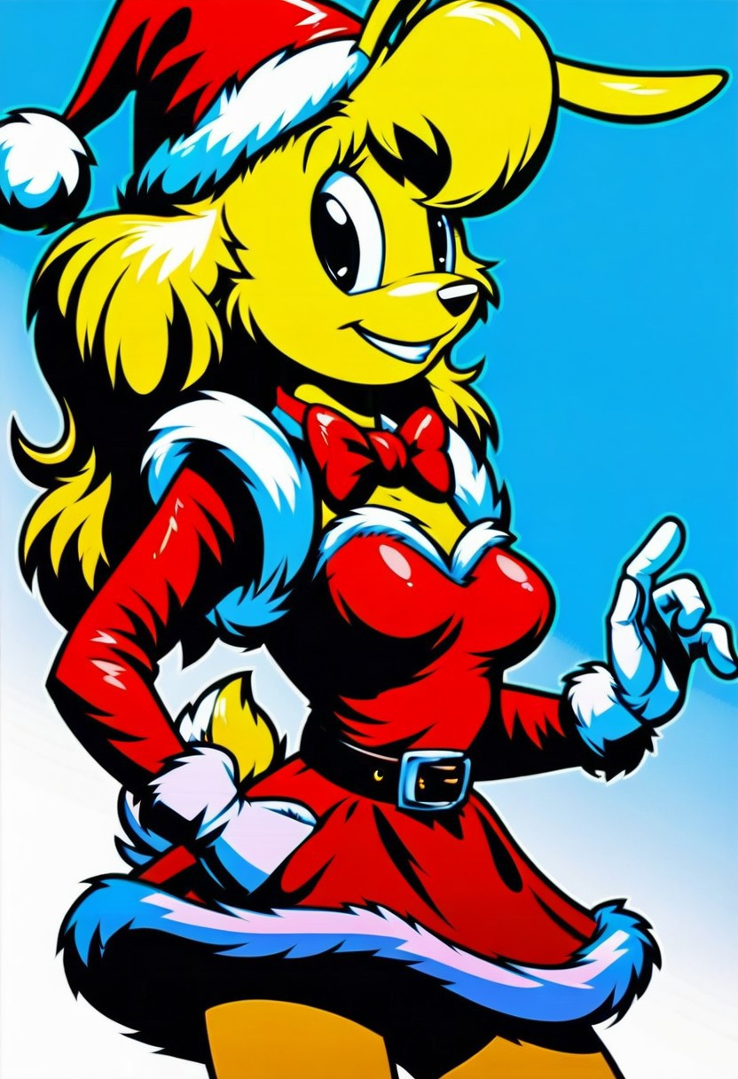score_9, score_8_up, score_7_up, score_6_up, score_5_up, score_4_up, retro artstyle, BREAK 
LoriJackRabbitPXL, rabbit girl,1girl, solo, hat, fur trim,yellow hair,rabbit tail, animal ears, dress, white gloves, gloves, santa hat, red headwear, makeup, blue background, bow, belt, red dress, red bow,yellow fur, fur-trimmed dress, looking at viewer, furry female, smile, fur-trimmed sleeves, black eyes, furry, choker, bowtie, eyeshadow, long sleeves, christmas, red bowtie, breasts, cowboy shot, happy, gradient background, standing, santa costume, red choker, cropped legs, simple background, signature,rabbit tail, deer ears, fur-trimmed headwear, medium hair, fox ears
<lora:lorijackrabbit-v1:0.9>