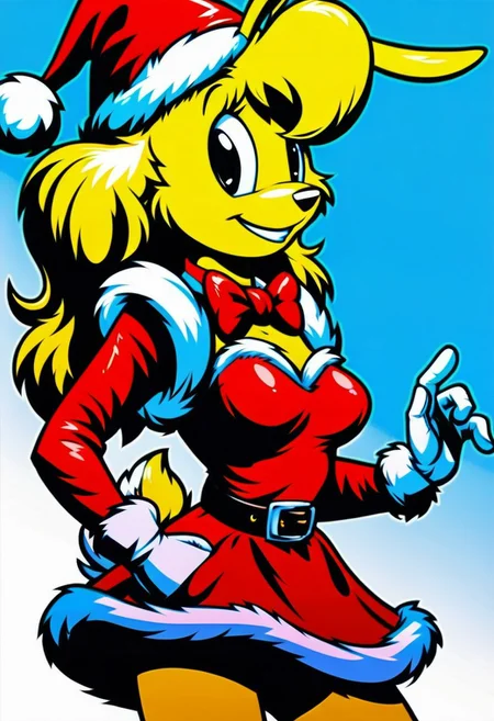 score_9, score_8_up, score_7_up, score_6_up, score_5_up, score_4_up, retro artstyle, BREAK
LoriJackRabbitPXL, rabbit girl,1girl, solo, hat, fur trim,yellow hair,rabbit tail, animal ears, dress, white gloves, gloves, santa hat, red headwear, makeup, blue background, bow, belt, red dress, red bow,yellow fur, fur-trimmed dress, looking at viewer, furry female, smile, fur-trimmed sleeves, black eyes, furry, choker, bowtie, eyeshadow, long sleeves, christmas, red bowtie, breasts, cowboy shot, happy, gradient background, standing, santa costume, red choker, cropped legs, simple background, signature,rabbit tail, deer ears, fur-trimmed headwear, medium hair, fox ears
<lora:lorijackrabbit-v1:0.9>