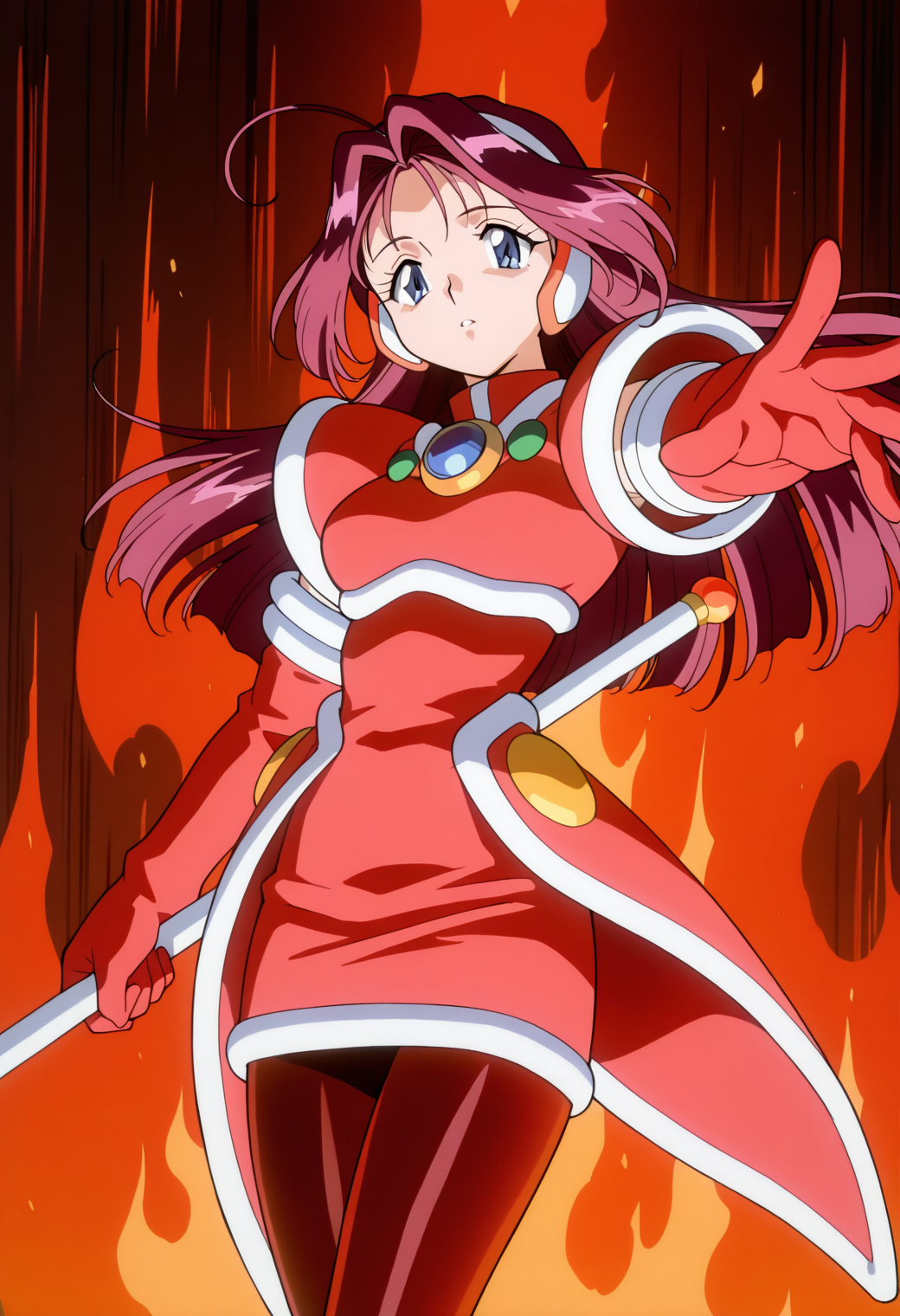 masterpiece, best quality, very aesthetic, absurdres, 1girl, solo,
<lora:corrector_haruna_fire_v01:0.9>, corrector_haruna, fire_element_suit, pink hair, long hair, ahoge, blue eyes,
magical girl, hairband, red armor, red dress, brooch, red elbow gloves, pencil skirt, pantyhose, holding staff, posing