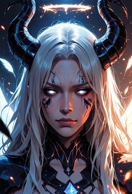 (masterpiece), (best quality), (8k), 2girls, angel and demon, intense stare-down, tension, glowing eyes, magical aura, emissive lighting effects, cinematic lighting, golden hour glow, divine vs infernal contrast, glowing halo above angel, broken or burning halo above demon, floating sparks, glowing tattoos or markings, glowing feathers vs shadowy wings, ambient light particles, symmetrical composition, high detail, soft shadows and light contrast, dramatic environment, detailed armor and flowing cloth, mystical energy in air,

add detail, sharp focus, real skin, realistic, facial detail, detailed face, 

