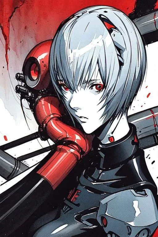 <lora:blame5:1>, cyborg rei ayanami, (ayanami rei:1.2), blue hair, short hair, (red eyes:1.3), portrait, dim light, ((heavy black and white)), only head portrait, blame, full of tubes, biomechanical, giger, horror, mechanical, tubes and metal, rei ayanami, (ayanami rei:1.2), blue hair, short hair, (red eyes:1.3),, bodysuit, headgear, plugsuit, black bodysuit, , hand drawn, pencil drawn, watercolor, painting, handmade
