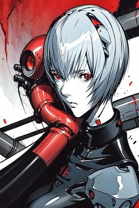 <lora:blame5:1>, cyborg rei ayanami, (ayanami rei:1.2), blue hair, short hair, (red eyes:1.3), portrait, dim light, ((heavy black and white)), only head portrait, blame, full of tubes, biomechanical, giger, horror, mechanical, tubes and metal, rei ayanami, (ayanami rei:1.2), blue hair, short hair, (red eyes:1.3),, bodysuit, headgear, plugsuit, black bodysuit, , hand drawn, pencil drawn, watercolor, painting, handmade