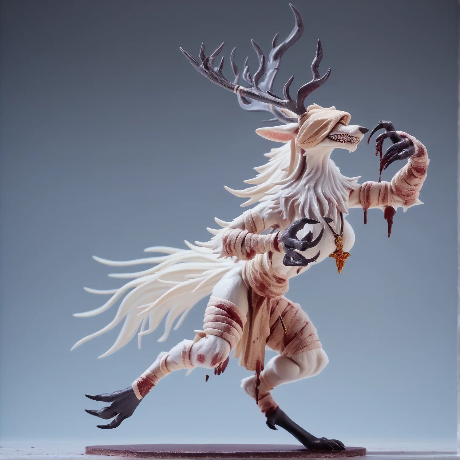 full body, <lora:Vicar_Amelia_Bloodborne-000007:1> futanari anthro bbvicamelia, suspended sideways in the air,white fur, sharp teeth, claws, paws, digitigrade, golden pendant necklace, bloody bandages, , figure, <lora:Anime_Figure_P1:1>, detailed, masterpiece,score_9, score_8_up, score_7_up, score_6_up, best quality