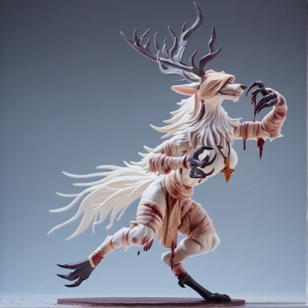 full body, <lora:Vicar_Amelia_Bloodborne-000007:1> futanari anthro bbvicamelia, suspended sideways in the air,white fur, sharp teeth, claws, paws, digitigrade, golden pendant necklace, bloody bandages, , figure, <lora:Anime_Figure_P1:1>, detailed, masterpiece,score_9, score_8_up, score_7_up, score_6_up, best quality