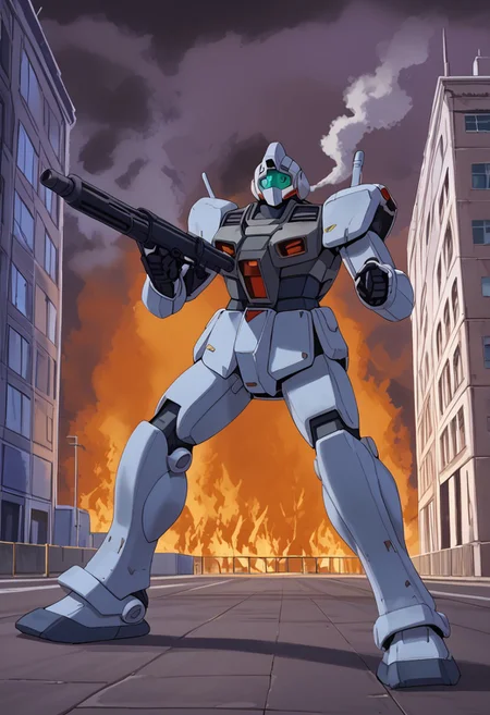 score_9, score_8_up, score_7_up, source_anime, cowboy shot, front view, BREAK, ( gm_cold_districts_type, blue gm, attack stance, rifle, standing, 2 mechs, blue mech, mech focus, solo, BREAK, buildings, pylons, smoke fire in background,