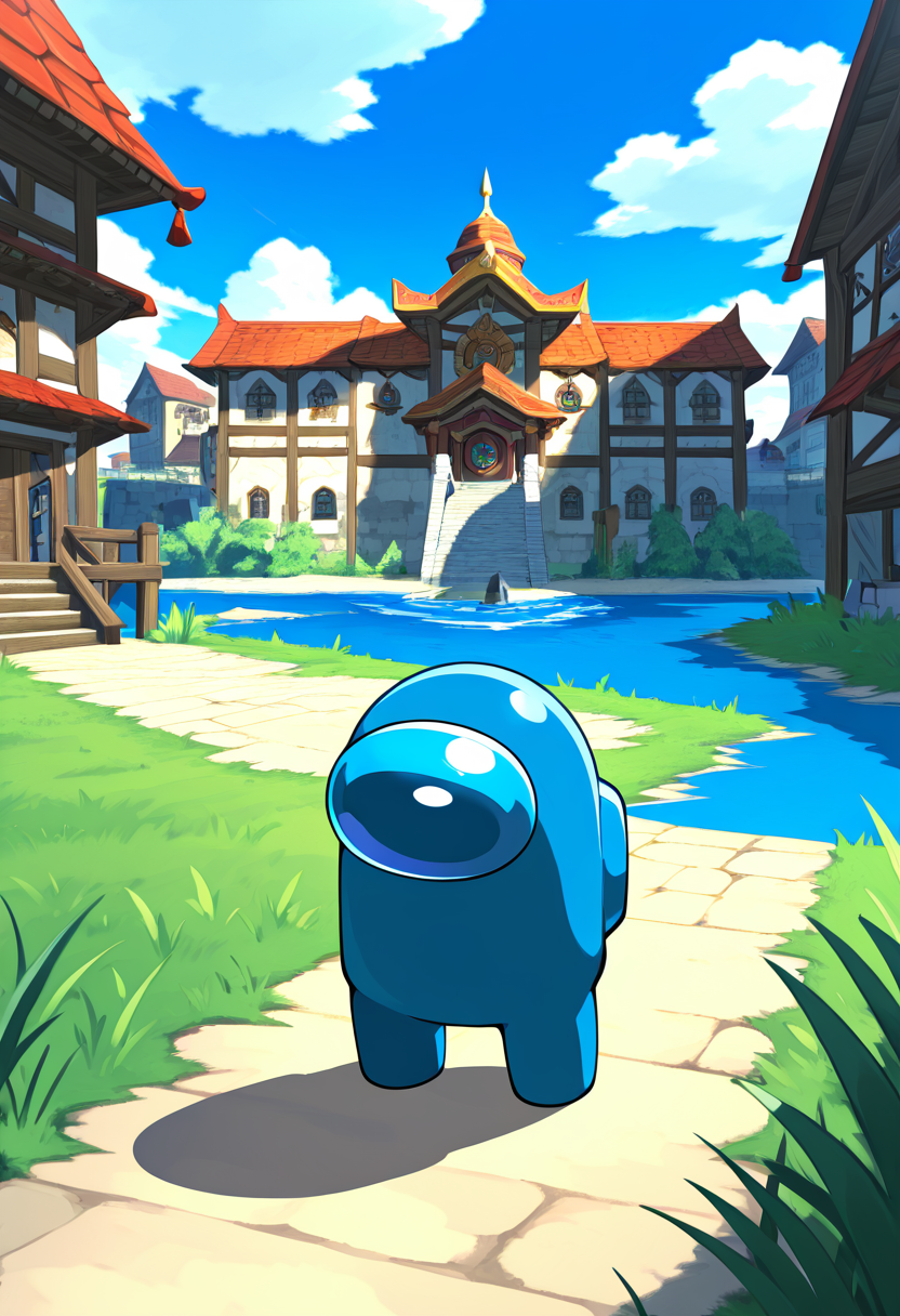 masterpiece, best quality, solo,   solo, standing, full body, outdoors, sky, day, cloud, water, blue sky, Among Us, no humans, shadow, grass, building   ,        <lora:WindWakerStyle_NAI:1.0>,