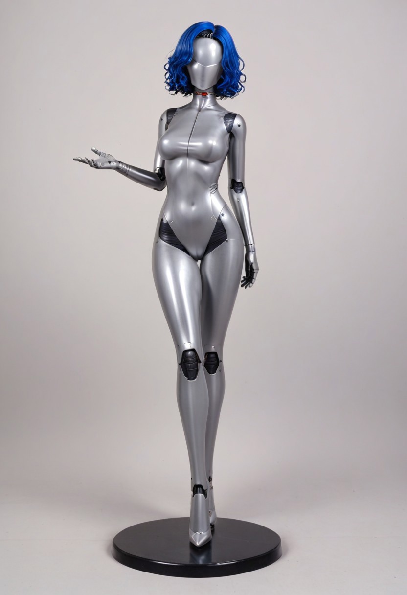 solo, A 35mm full length photo of  a beautiful 20 year old woman, she is a humanoid robot , robotic body, freckles, smooth featureless silver grey robotic skin, robotic aerials, metallic dark blue hair, elegant grey latex bodysuit with dark blue trim
TheFaceLess, mannequin, faceless, egghead