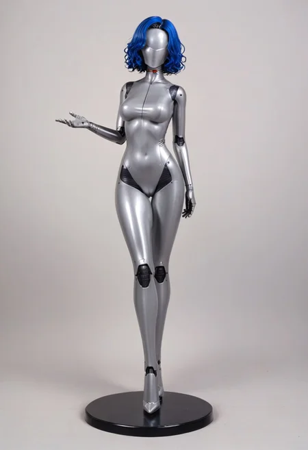 solo, A 35mm full length photo of  a beautiful 20 year old woman, she is a humanoid robot , robotic body, freckles, smooth featureless silver grey robotic skin, robotic aerials, metallic dark blue hair, elegant grey latex bodysuit with dark blue trim
TheFaceLess, mannequin, faceless, egghead