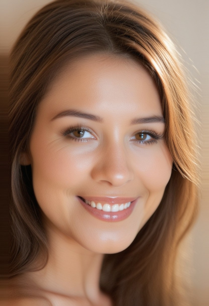 (masterpiece:1.3), (best quality:1.3), (ultra-detailed:1.3), 8K, high resolution, volumetric lighting, hyperrealistic, skin texture, BREAK 1girl, portrait, lips, brown hair, brown eyes, long hair, eyelashes, swept bangs, looking at viewer, solo, realistic, photorealistic, smile, nose, closed mouth,