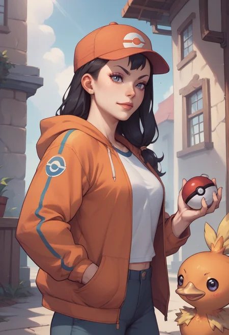 score_9, score_8_up, score_7_up, score_6_up, score_5_up, score_4_up, <lora:chunliSDXL:1> chunliSDXL, black hair, pokeball, hat, torchic on shoulders, <lora:torchic_pony_v1:1>