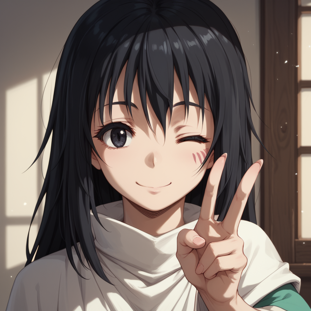 <lora:SlimesShizu:1>, score_9, score_8_up, score_7_up, slimes_shizu, woman, solo, black hair, black eyes, smiling, winking, peace handsign, :P