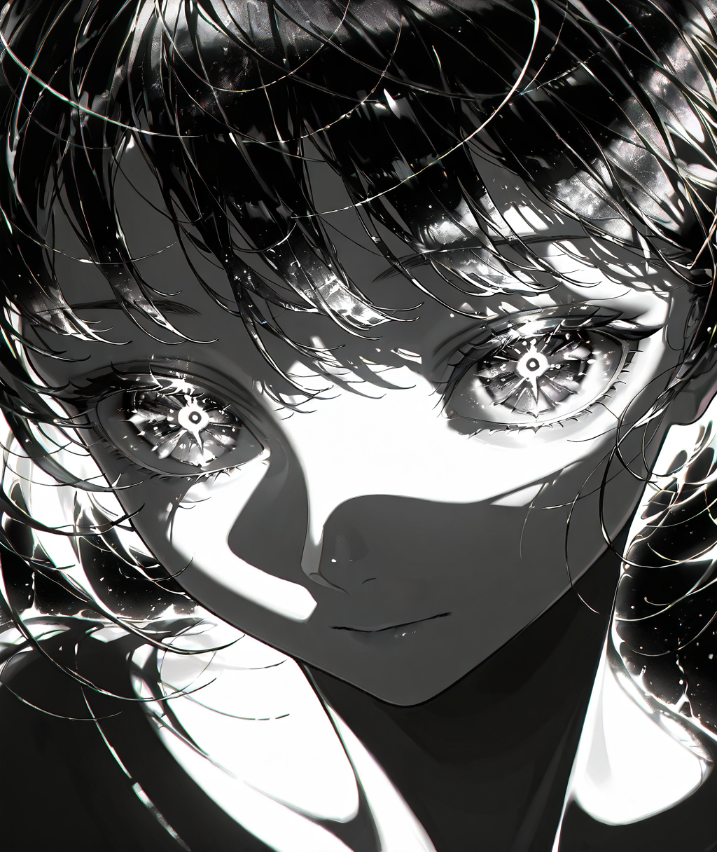 masterpiece, best quality, absurdres, highres, newest, limited palette, black background, colorful, vibrant, glowing outline,  solo, 1girl, looking at viewer, shadow, black hair, portrait,monochrome, black and white, close-up, dark_eye_focus, ,symbol-shaped pupils,eye focus
, <lora:dark_eye_detail_illus:0.8>,
