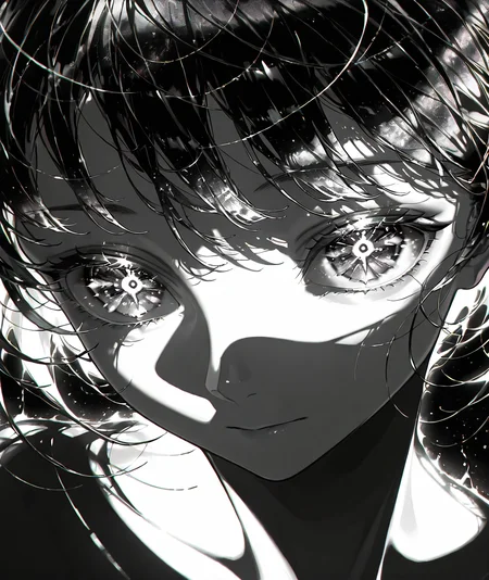 masterpiece, best quality, absurdres, highres, newest, limited palette, black background, colorful, vibrant, glowing outline, solo, 1girl, looking at viewer, shadow, black hair, portrait,monochrome, black and white, close-up, dark_eye_focus, ,symbol-shaped pupils,eye focus
, <lora:dark_eye_detail_illus:0.8>,