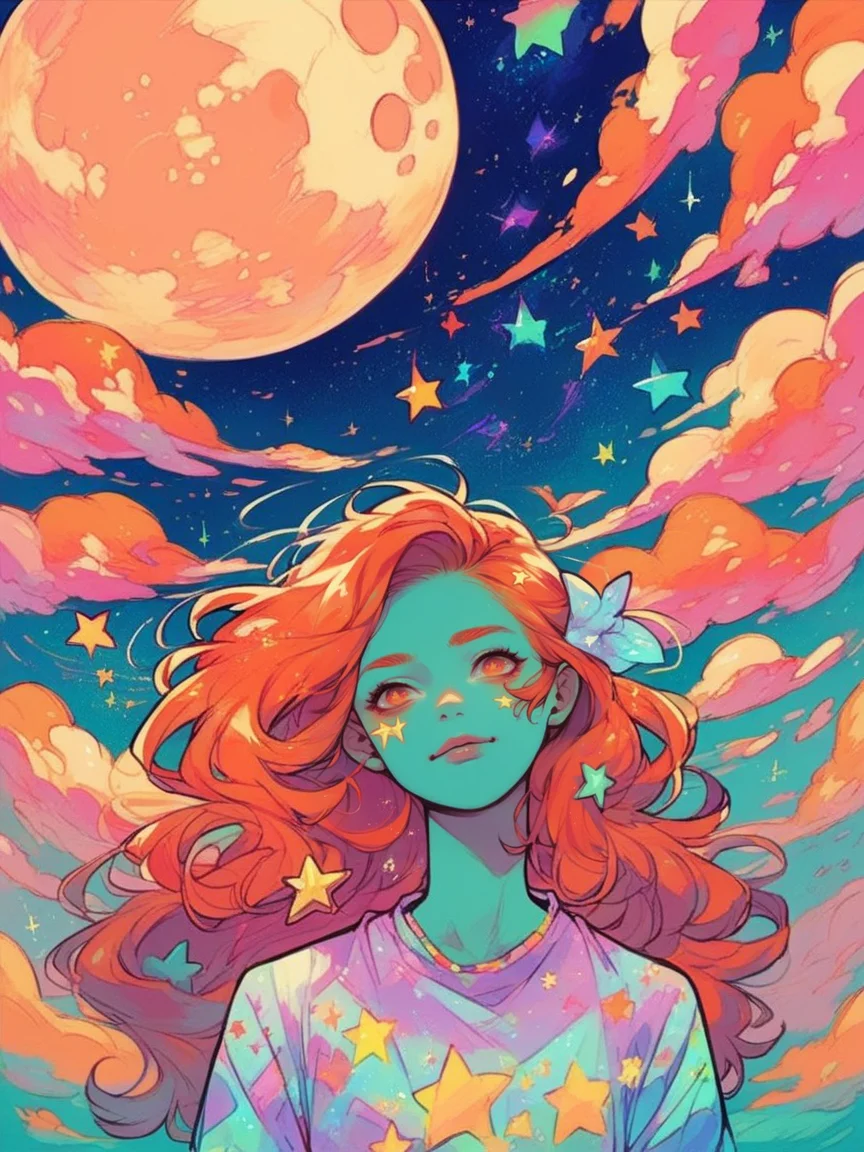 score_9, score_8_up, score_7_up, score_6_up, mushg4l, 1girl, colourful, trippy, moon, stars, long hair, ginger hair <lora:mushg4lXLP:0.8>