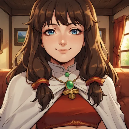 score_9, score_8_up, score_7_up, score_6_up, source_anime, BREAK, <lora:Katia:0.8> , kadef, 1girl, brown hair, long hair, hair tubes, blue eyes, white cape, cape, brooch, green brooch, red crop top, ((face)), close-up, looking at viewer, closed smile, sad smile,  <lora:zy_Detailed_Backgrounds_v1:0.3> , detailed background, highly detailed, interior, fancy house, living room,   <lora:3mpr3ss3XLP:0.65> , 3mpr3ss3,