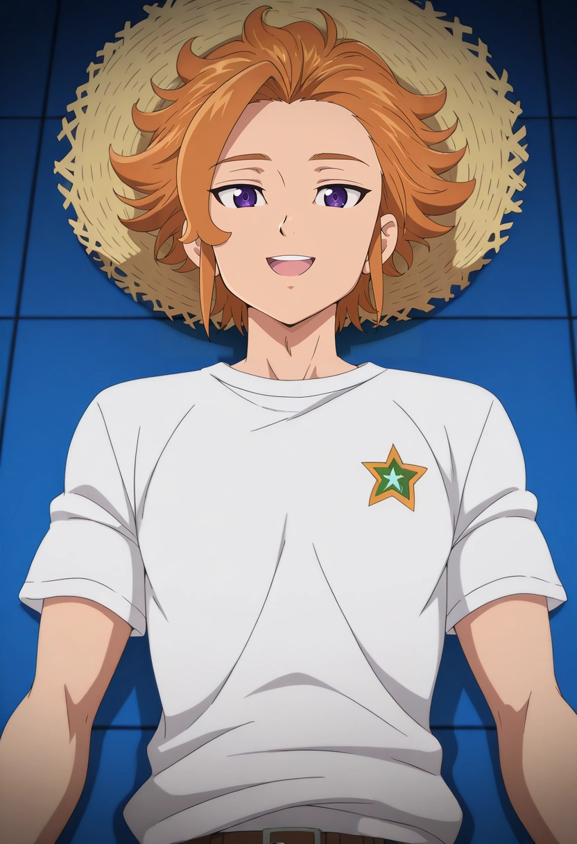 masterpiece, best quality, , anime screencap, anime coloring, official style, looking at viewer, 1boy, solo, male focus, <lora:arthur_pendragon_ilxl:0.98>, arthur_pendragon, orange hair, purple eyes, short hair, straight-on, shopping mall, stores, signs, dark, lying, on back, :D, Joggers, Performance T-shirt, , Straw hat,