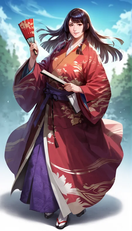 score_9,score_8_up,score_7_up,
highly detailed,highres,<lora:naotoraIi:0.8>,naotora ii,
1girl,solo,
black hair,long hair,hime cut,bangs,brown eyes,looking at viewer,smile,red kimono,layered red and purple fabric with white accents,intricate patterns,
full body,holding a hand fan,
outdoors,sky,simple background,blurry background,