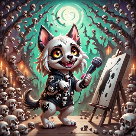 dog girl dressed in an elaborate collection of skulls covering her in a majestic way holding microphone, music studio, painting of cute skulls, pg safe