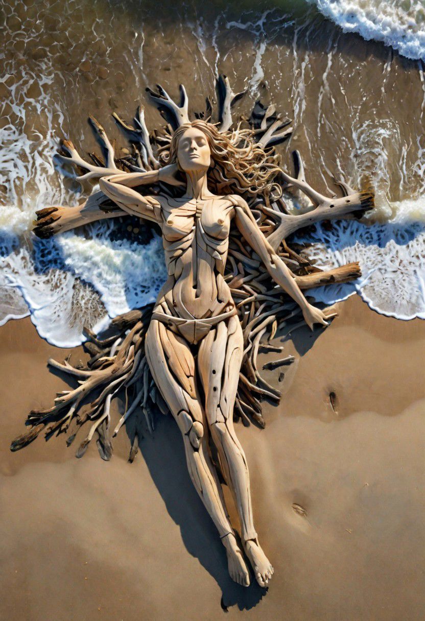 (drift wood washes up on the shore, all the tiny parts of drift wood form together to create a perfect  shape of a womans body lying on the shore), abstract, 3d render, strong, insanely intricate details, (masterpiece), breathtaking natures art work