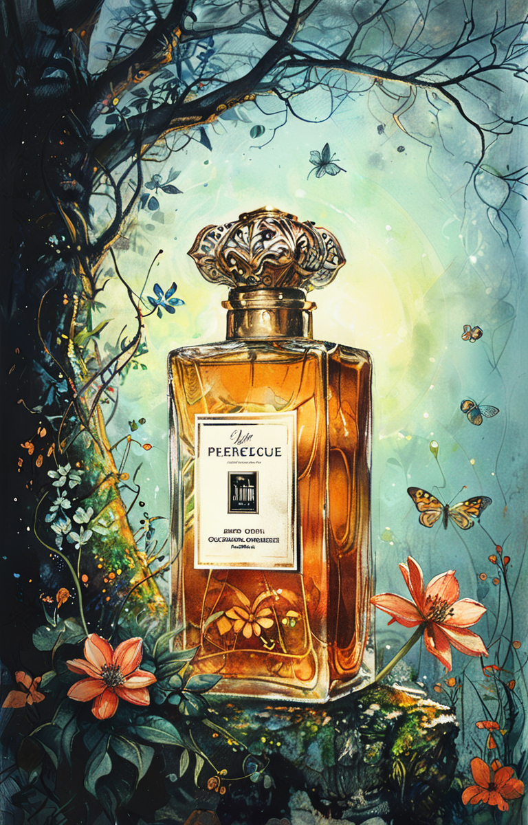 masterpiece,best quality,<lora:tbh21-sdxl:0.9>,illustration, A bottle of perfume in garden