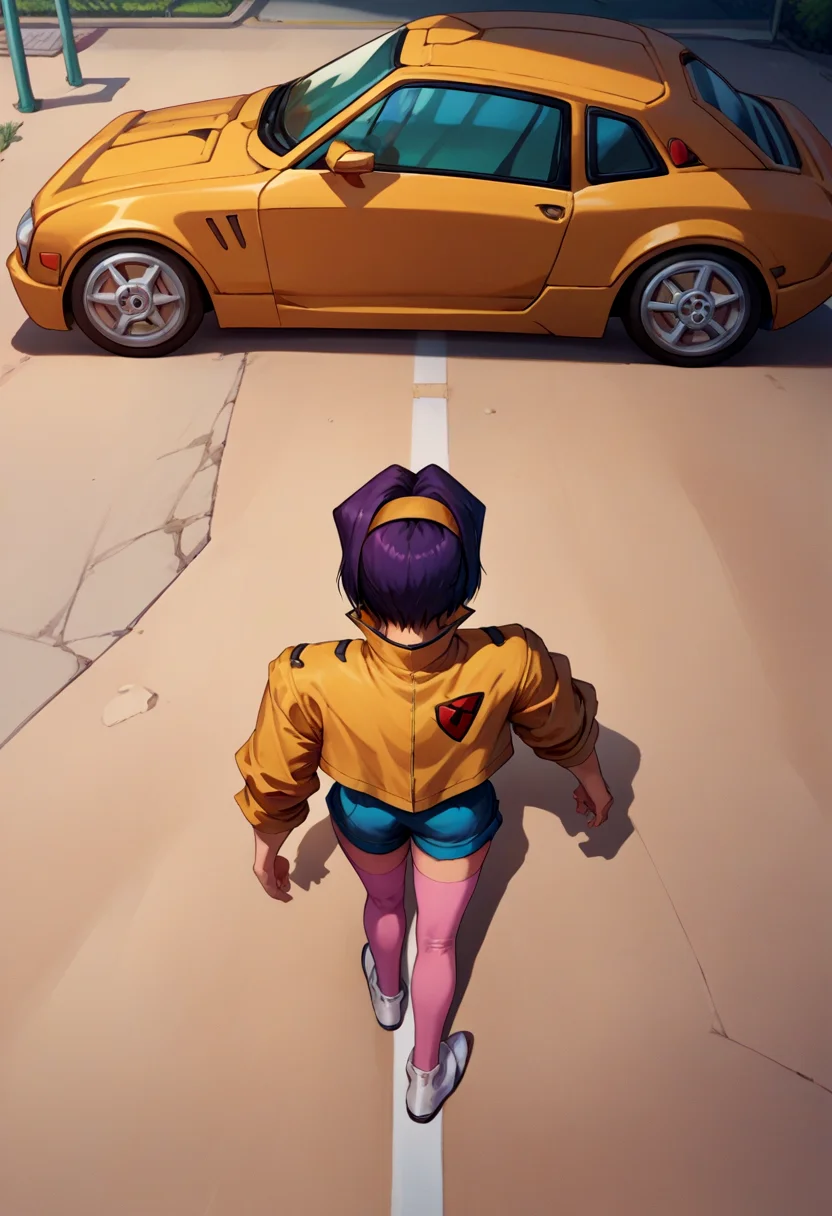 score_9, score_8_up, score_7_up, source_anime, akiraposter, from above, from behind, solo, 1girl, faye valentine, cowboy bebop, walking, hairband, yellow jacket, shorts, pink thighhighs, science fiction, ground vehicle, car <lora:concept_akiraposter_ponyXL:1>
