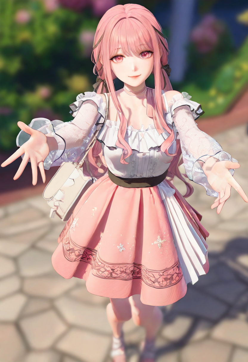 1girl,pink hair,blurry background,pink skirt,skirt,solo,see-through,long hair,bag,smile,see-through sleeves,pink eyes,ribbon,
reaching towards viewer,full body,
masterpiece,year 2024,newest,highres,absurdres,
<lora:nuannuan_NoobVpred65S:1>,