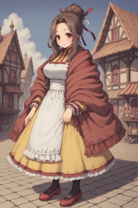 score_9, score_8_up, score_7_up, score_6_up, source anime, BREAK, <lora:Mistel:0.7> , misdef, 1girl, long hair, brown hair, red eyes, hair bun, hair ribbon, ribbon, dress, yellow skirt, frilled cuffs, red shawl, white apron, apron, black pantyhose, red shoes, full body, looking at viewer, smile, happy, mommy, motherly, closed mouth, serene, large breasts, (mature woman), <lora:zy_Detailed_Backgrounds_v1:0.3> , detailed background, highly detailed, exterior, town, village, <lora:d4rkpurpXLP:0.6> , d4rkpurp, (solo),