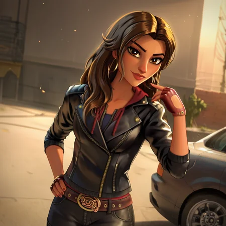score_9, score_8_up, score_7_up, score_6_up, uncensored, detailed eyes, perfect eyes, extremely detailed CG, extremely detailed face, perfect face, detailed Lora, best quality, source_anime, masterpiece, beautiful eyes, beautiful face, detailed eyes ,high resolution, distinct image BREAK <lora:Ralph Breaks the Internet_Shank:1>rbti_shank, 1girl, solo, dark-skinned female, brown eyes, long hair, brown hair, hoop earrings, earrings, leather jacket, black jacket, fingerless gloves, pants, belt, boots, looking at viewer, hand up, hand on own hip, standing