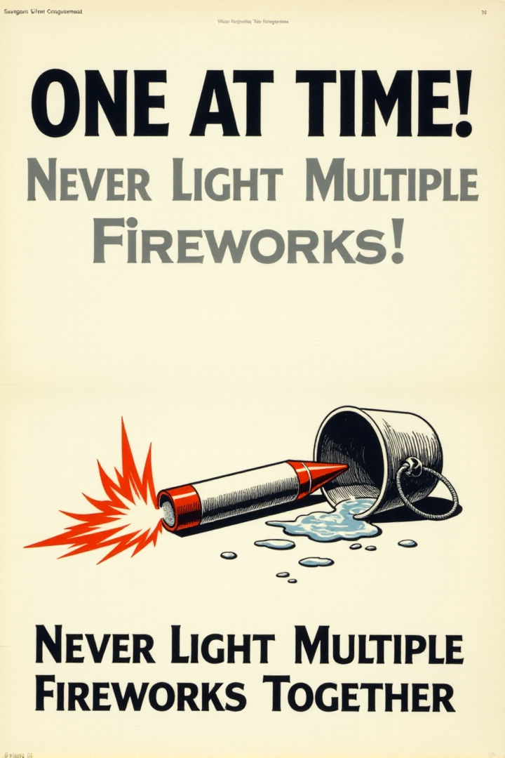 A vintage poster with a clear, simple illustration of a firework rocket lying horizontally on the ground next to a tipped-over bucket of water. Flames are subtly depicted near the rocket. Bold, black text on a white background warns: "ONE AT A TIME! Never Light Multiple Fireworks Together." Emphasize the potential for chaos and danger with multiple ignitions.  <lora:REMEs_War_Poster_Style:0.95> In REME's War Poster Style,âââ