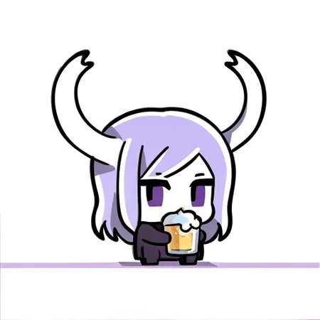 Anime, anime chibi, elf girl, with dark purple hair and matching eyes, neck, right forearm with tattoos, drinking beer, white background,smile with pointy teeth, with characteristics of hollow knight
