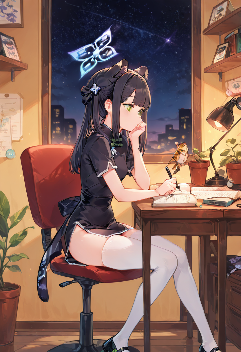 masterpiece, best quality, solo, curvy, beautiful eyes,  narrow waist, wide hips, zzShun, green eyes, black hair, blunt bangs, long hair, animal ears, tiger ears, halo, animal ear fluff, twintails, tiger girl, extra ears, black dress, black footwear, china dress, shoes, short sleeves, white thighhighs,  ,       <lora:ShunBlueArchiveIXL:1.0>, , zzLofi, sitting, side view, desk, chair, book, bookshelf, head rest, holding, holding pen, lamp, night, open book, pen, plant, potted plant, sky, star (sky), starry sky, window, windowsill, writing, <lora:LofiGirl_Style_IXL:0.8>,