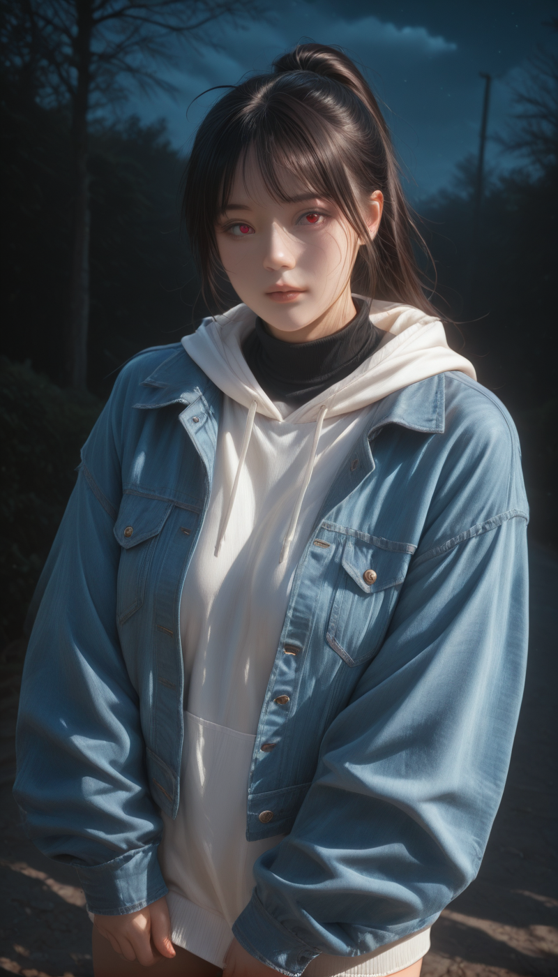 <lora:LCMTurboMix_Euler_A_fix:1> <lora:example_SDXL:0.3>, EZRealPONYXL, <lora:Dramatic Lighting Slider:3> <lora:realistic filter [IL]:1>
DSLR,realistic,cosplay photo, (very awa,masterpiece,best quality,year 2024,newest,absurdres,highres:1), realistic,skin texture,facial features, photography shot with Canon EOS 5D Mark IV , realistic, RAW, best quality, masterpiece, amazing quality, skin details,
1girl, highly detailed beautiful face, large natural breasts,
detailed background, shiny skin, dutch angle, night, moonlight,
beautiful detailed eyes, intricate details, absurdres, anime screencap,
<lora:YoakenoNanashi_Vtuber_kill0825:1>
VTNanashi, long hair, black hair, red eyes, fang, ahoge, sidelocks,
long sleeves, jacket, ponytail, thighs, open clothes, hood, mole, open jacket, sweater, black shirt, hoodie, hood down, blue jacket, denim, white hoodie, undershirt, denim jacket, shirt, turtleneck, front bang,
dynamic pose,
