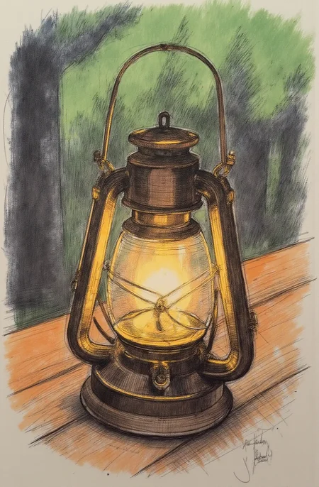 Sharp image of a rough sketch, rendered in vibrant multi colour ballpoint pen, capturing the adorable features of a close-up of an old-fashioned lantern on a wooden surface. The lantern is made of metal and has a handle on top and a spout on the side. The light from the lantern is turned on, casting a warm glow on the surrounding area. The background is blurred, but it appears to be an outdoor setting with trees and greenery. The overall mood of the image is peaceful and serene.  p3nsk, <lora:p3nsk:1>