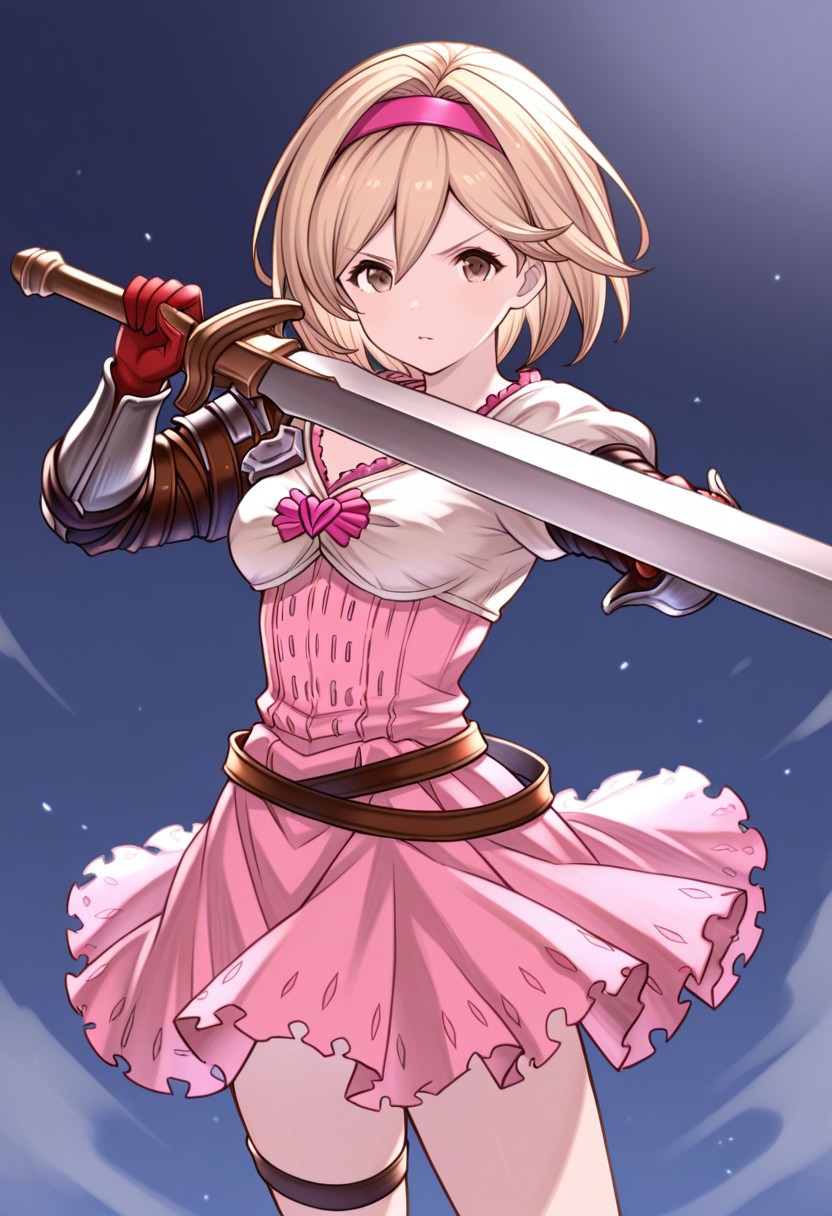 masterpiece, best quality, 32k, high resolution, absurdres, fighter, brown eyes, hairband, red gloves, djeeta (granblue fantasy), hair between eyes, thigh strap, weapon, holding sword, pink hairband, pink dress