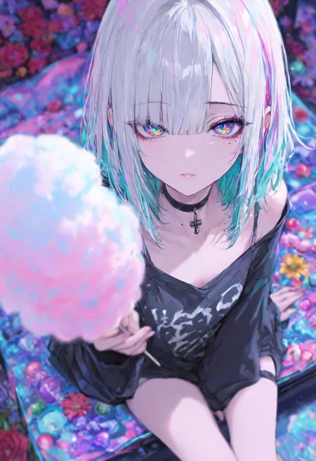 masterpiece, newest,absurdres, incredibly absurdres, <lora:gyuing666-000010:1>,gyuing_illu,1girl, solo, mole,  multicolored eyes, looking at viewer, choker, mole under eye, short hair, multicolored hair, flower, medium hair,cotton candy bed,sitting,  candy, foreshortening, depth of field,