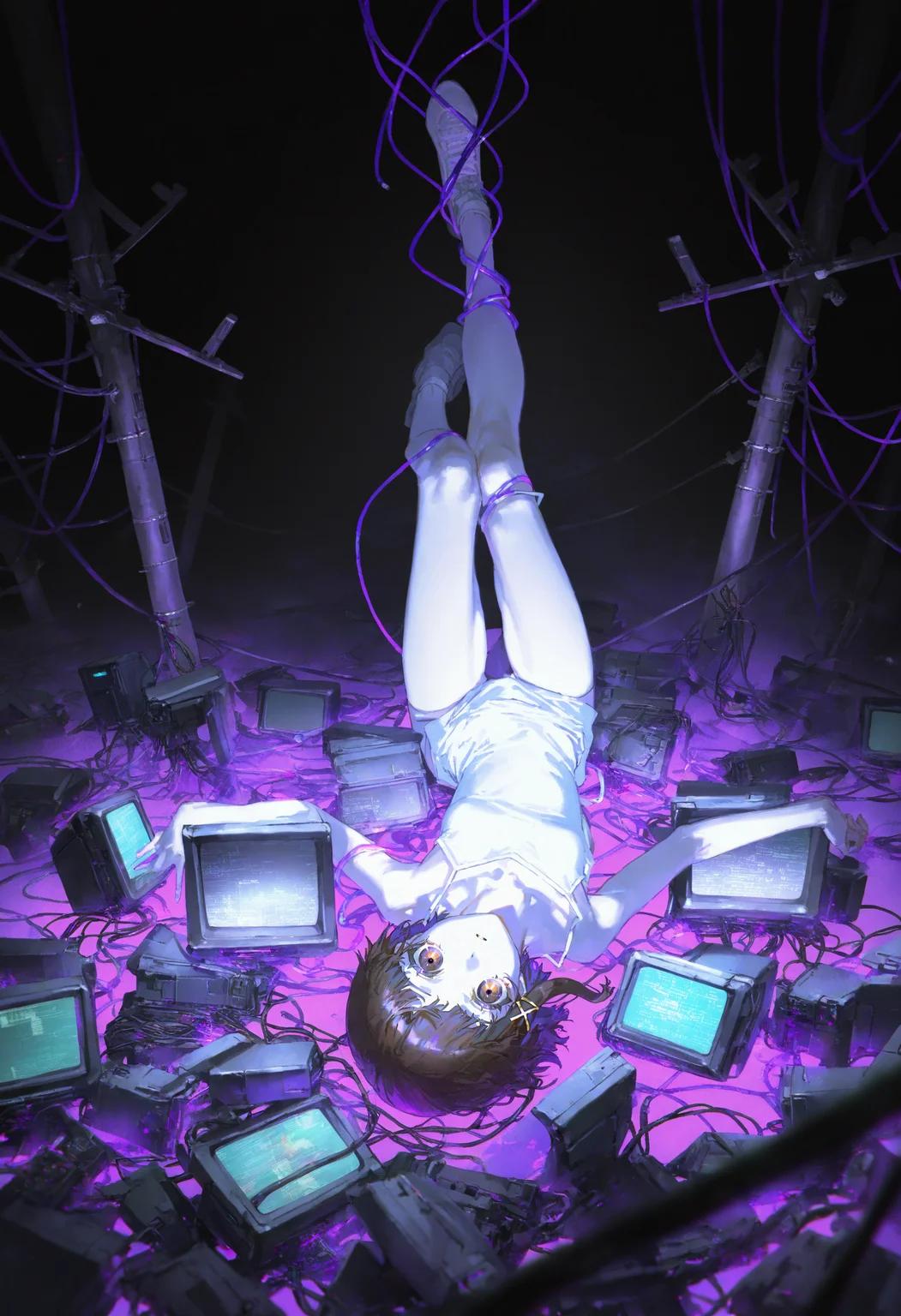 artist:[yoneyama mai|quasarcake],
1girl, iwakura lain, solo, thigh gap , dark background, cable, looking at viewer, pile, spaghetti strap , utility pole, wire, monitor, entangled, digital rain, wide shot, white camisole, negative space, cinematic shot, science fiction, matrix, code, digital, computer, glitch, covered in wire, dark, spot color, ultraviolet light, on back, 
masterpiece, best quality, very awa, absurdres
 <lora:noobai_vpred_1_masterpieces_v1:1>
