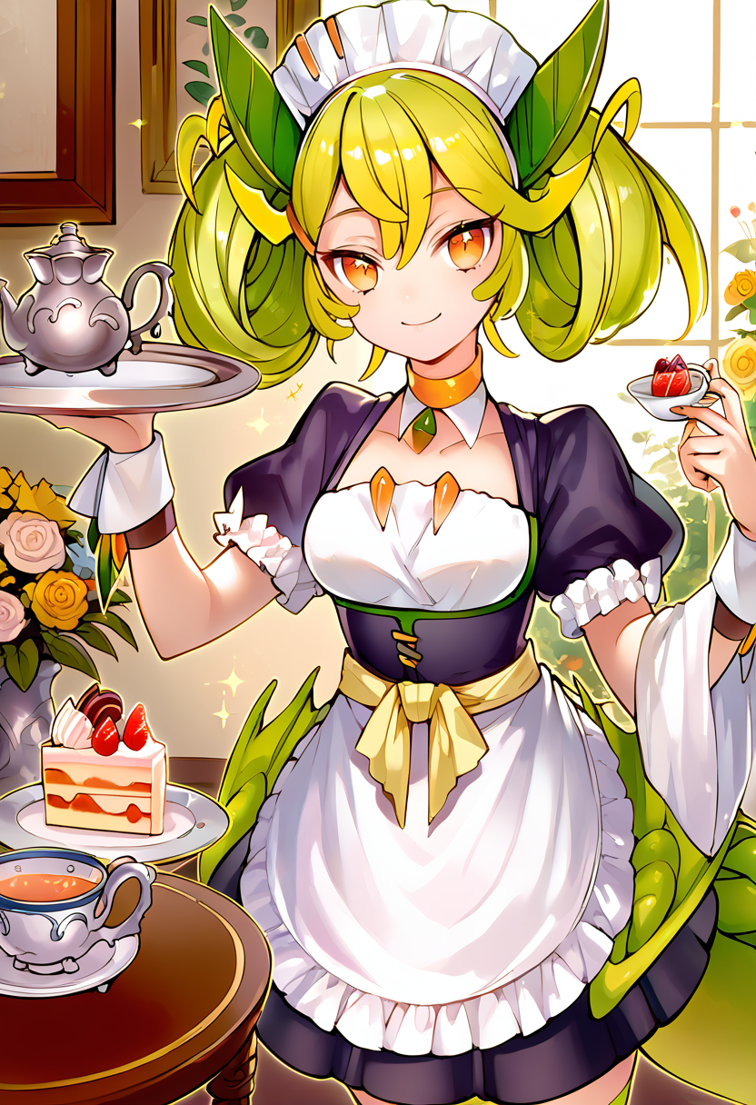 (score_9:0.9),score_8_up,score_7_up,anime style,rating_safe,(zPDXL),<lora:parlor dragonmaid ponyXL v2:0.84>,parlor dragonmaid,maid costume,detached collar,yellow thigh boots,1girl,solo,food,teapot,indoors,tray,holding,looking at viewer,plate,window,smile,holding tray,teacup,cup,table,flower,standing,tea,sparkle,cake,green wings,wrist cuffs,