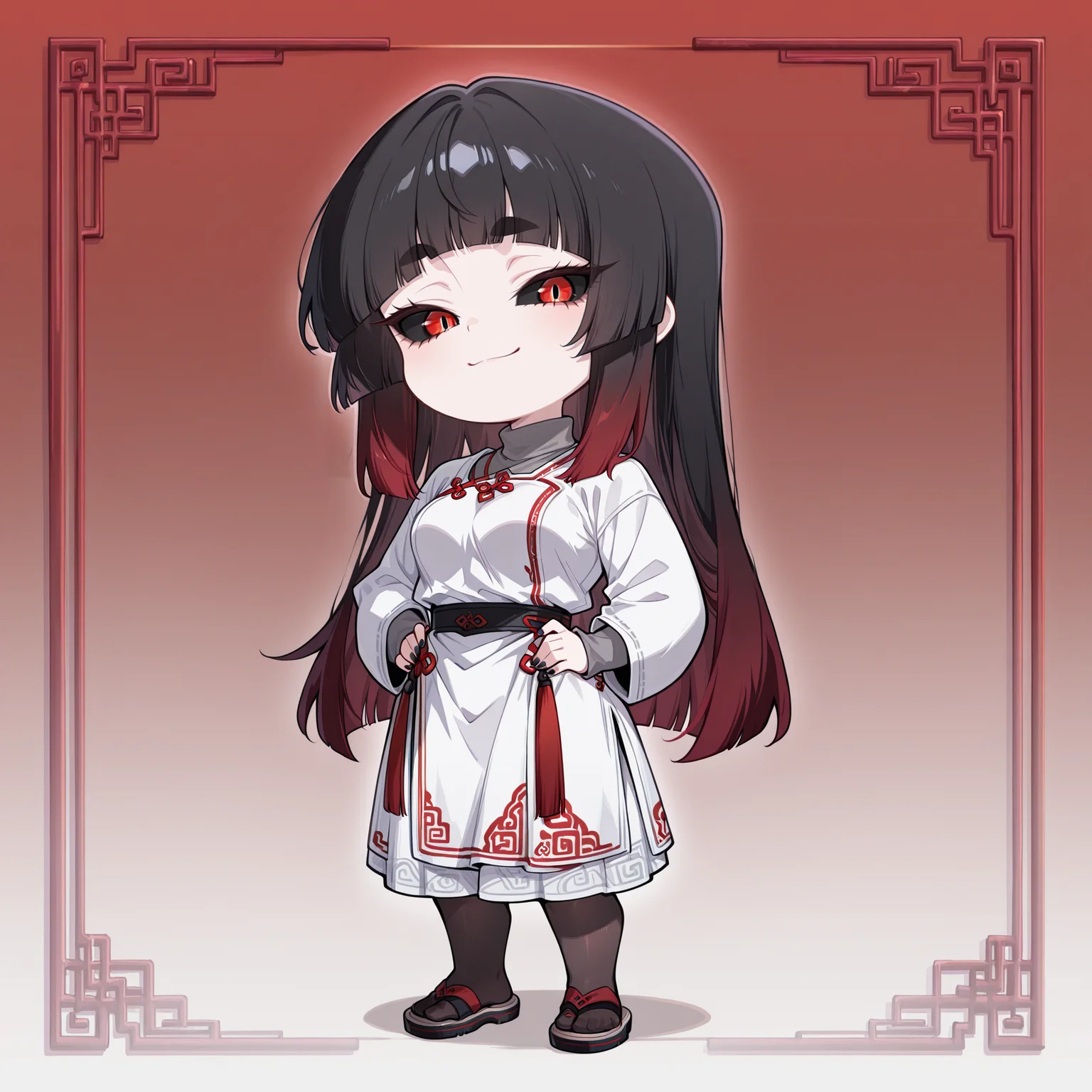 masterpiece, best quality, amazing quality, very aesthetic, absurdres, newest, scenery, 1girl, solo, <lora:Meisha:1>, black hair, red hair tips, long bangs, hime cut, black sclera, red eyes, split pupils, thick eyebrows, medium breasts, chibi, full body, <lora:IriaStyleIllustriousV1-000005:1>, gradient background, standing, coy smile, looking at viewer, grey turtleneck, white tunic, red accents, chinese pattern, long skirt, white skirt, pantyhose, sandals, hands on waist