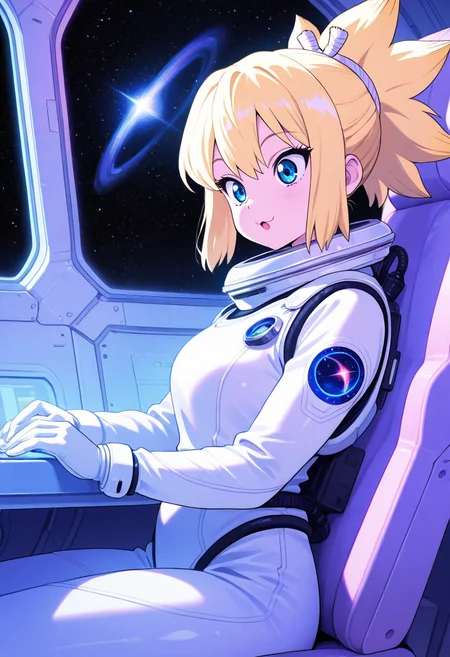 kohaku_(dr_stone), :3, ultra detailed, masterpiece, best quality, 1girl, solo, adult, indoors, space suit, sitting, seat, windows, futuristic vehicle, space, stars, galaxy, pastel colors, vintage, intricate detailed, finely detailed, amazing detail, from side, smile, :o, awe, shadows, dim lighting, cowboy shot,