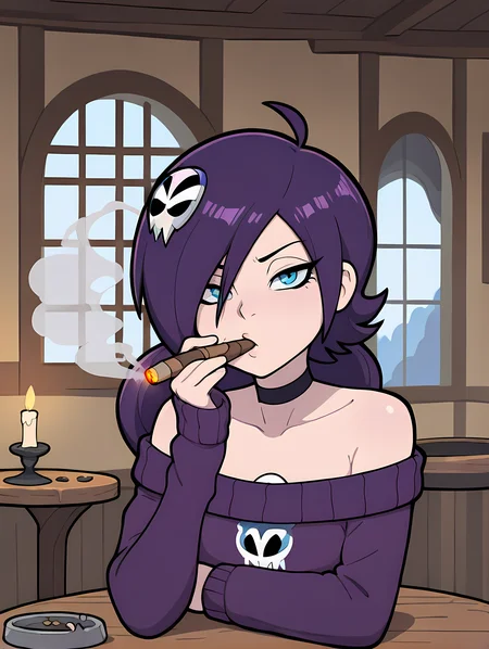 masterpiece, best quality, amazing quality, very aesthetic, absurdres, 1girl, zone-tan, blue eyes, purple hair, hair ornament, bust portrait, choker, purple sweater, smoking cigar, holding cigar, smoke trail, blowing smoke, indoor, ashtray, ashes, round table, tavern, candle light, window