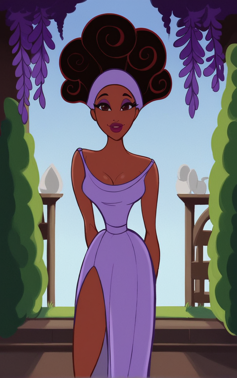 score_9, score_8_up, score_7_up, looking at viewer,  BREAK  
PurpleDress_Muse_Calliope_ownwaifu, 
1girl, afro, big hair, breasts, brown eyes, brown hair, curly hair, dark skin, dark-skinned female, eyeshadow, hair up, hairband, lips, long hair, makeup, very dark skin, lipstick, medium breasts, colored skin, 
purple dress,  purple headband, bare shoulders, cape, cleavage, sleeveless dress, strap slip, bracelet, long dress, off shoulder, side slit, long legs, narrow waist, 
(leaning forward, arms behind back), cowboy shot, garden, wisteria, outdoors, <lora:PONYXL_Hercules_Muse_Calliope_ownwaifu:0.85> , depth of field, solo,