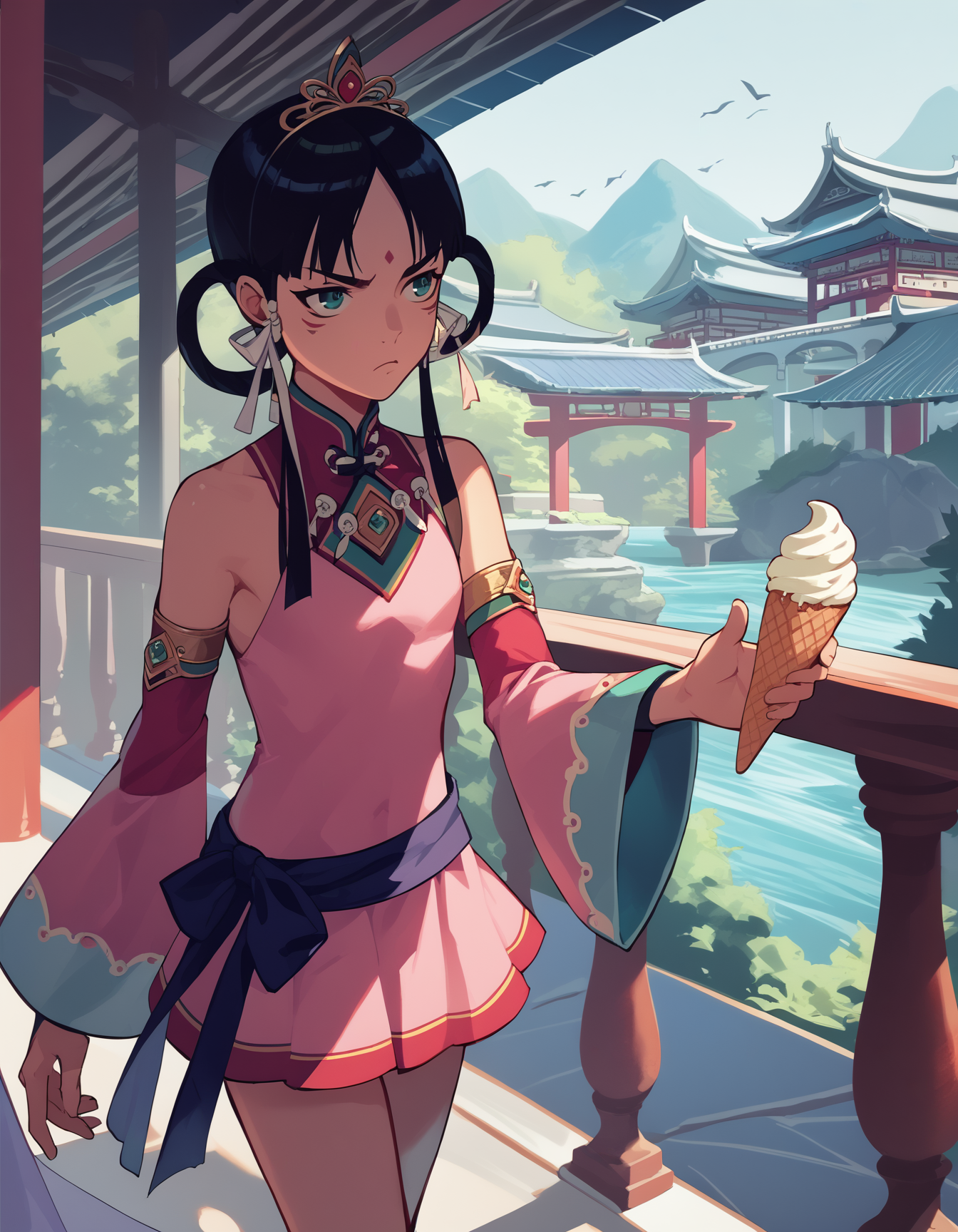 score_9,  score_8_up, score_7_up, source_anime <lora:rayfa-ponyxl-000017:1> rayfa, tiara, bare shoulders, short dress, pink dress, detached sleeves,
1girl, pout, ice cream, bridge, outdoors, east asian architecture,
