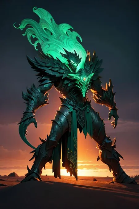 monster of branched wood titans in armor, full-length, angry look, shining thirst, glow of malachite veins, wood carved grace, random leaves, endless desert, sand dunes, sunset, high resolution, hyper detail, fantasy, hyperrealistic, aesthetic,
