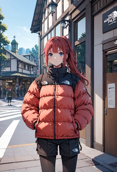 cowboy body shot,1girl,solo,intense crimson hair,long hair,ponytail,bangs,beautiful eyes,blue eyes,tnf_nuptse,the north face white nuptse puffer jacket, hands in pockets, jacket,shorts,leggings,sneakers,hands in pocket,harajukueki, storefront, real world location, outdoors, tree, street, road, scenery, sky, lamppost, building, crosswalk, pavement, blue sky, vanishing point,masterpiece,best quality,ultra detailed, <lora:pufferdown_tnf_nuptse:0.6>, <lora:add-detail-xl:1>, <lora:harajuku_eki_SDXL_1.0_V1:0.8>