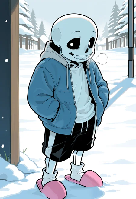masterpiece,best quality,amazing quality, 1boy, solo, s4ns, white shirt, white socks, pink slippers, skeleton, blue jacket, black shorts,
outside, snow,