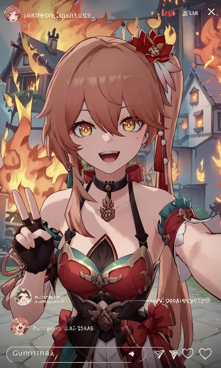 score_9, score_8_up, score_7_up, score_6_up, score_5_up, source_anime,
<lora:guinaifen.pony:1>, guinaifen, side ponytail, long hair, happy,
<lora:Livestream_LoRa__PonyXL:0.8>, livestream, user interface, selfie,
peace,
detailed background, town, fire, burning, house on fire, burning house, flames,
