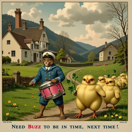 Vintage Easter Postcard Mode, soft pastel hues, delicate brushstrokes, early 1900s Victorian, botanical illustration style, festive countryside setting, ornate floral accents, golden embellishments, a charming anthropomorphic rabbit dressed in a sailor suit leads a parade of cheerful yellow chicks, beating a colorful drum as they march along a winding village path, one chick proudly carrying a sprig of lucky clover, symbolizing springtime joy and renewal, warm nostalgic tones, subtle aging effect.
The text "Need Buzz to be in time, next time!" is clearly visible <lora:Textimprover-FLUX-V0.4:0.75> <lora:Happy3aster Flux:0.75> <lora:Vintage Easter Postcard Mode_clean:0.75>